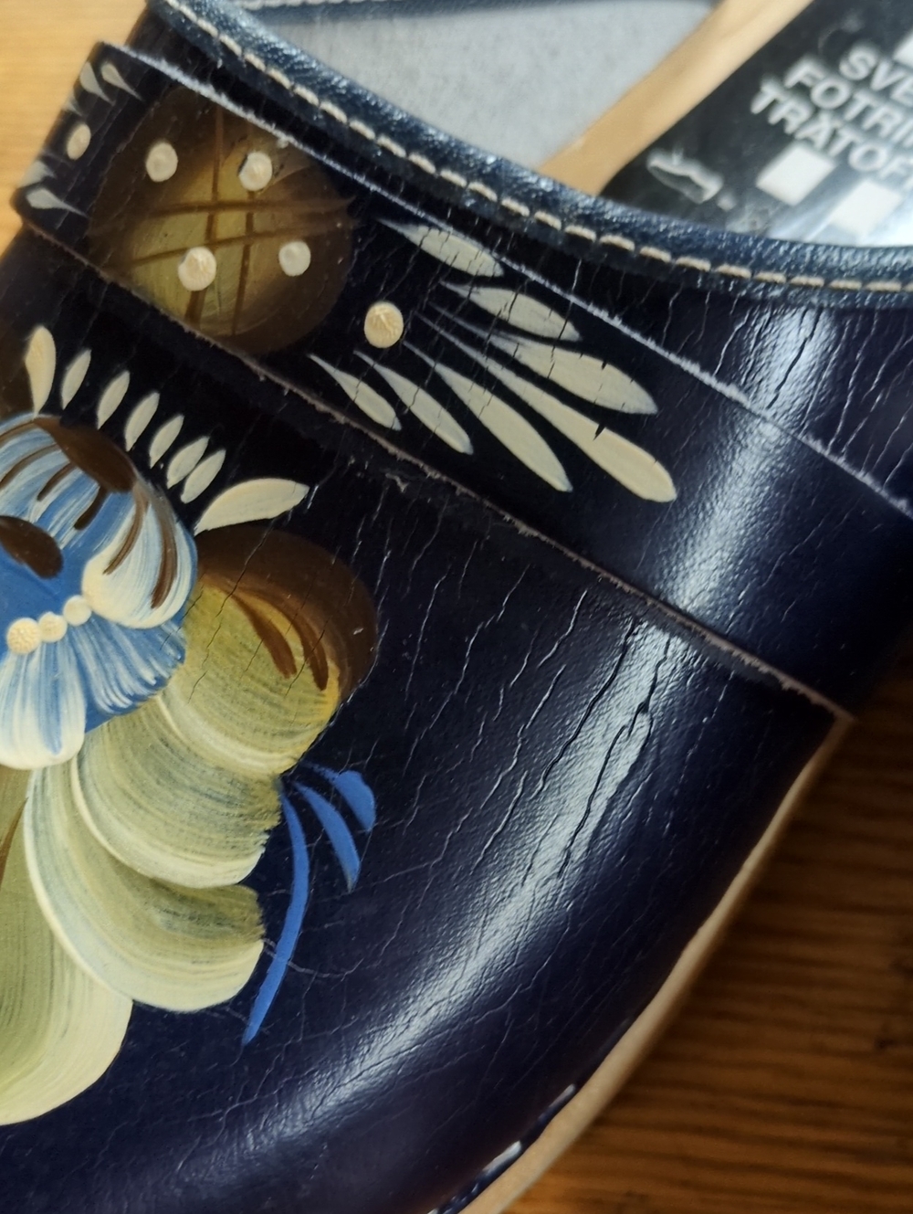 Swedish Wooden Clogs Navy Floral Hand-Painted Leather Size 37 - Picture 11 of 12